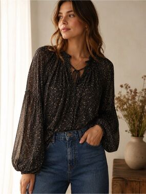 Blu Pepper Black Floral Boho Peasant Blouse Cottagecore Balloon Sleeve M
